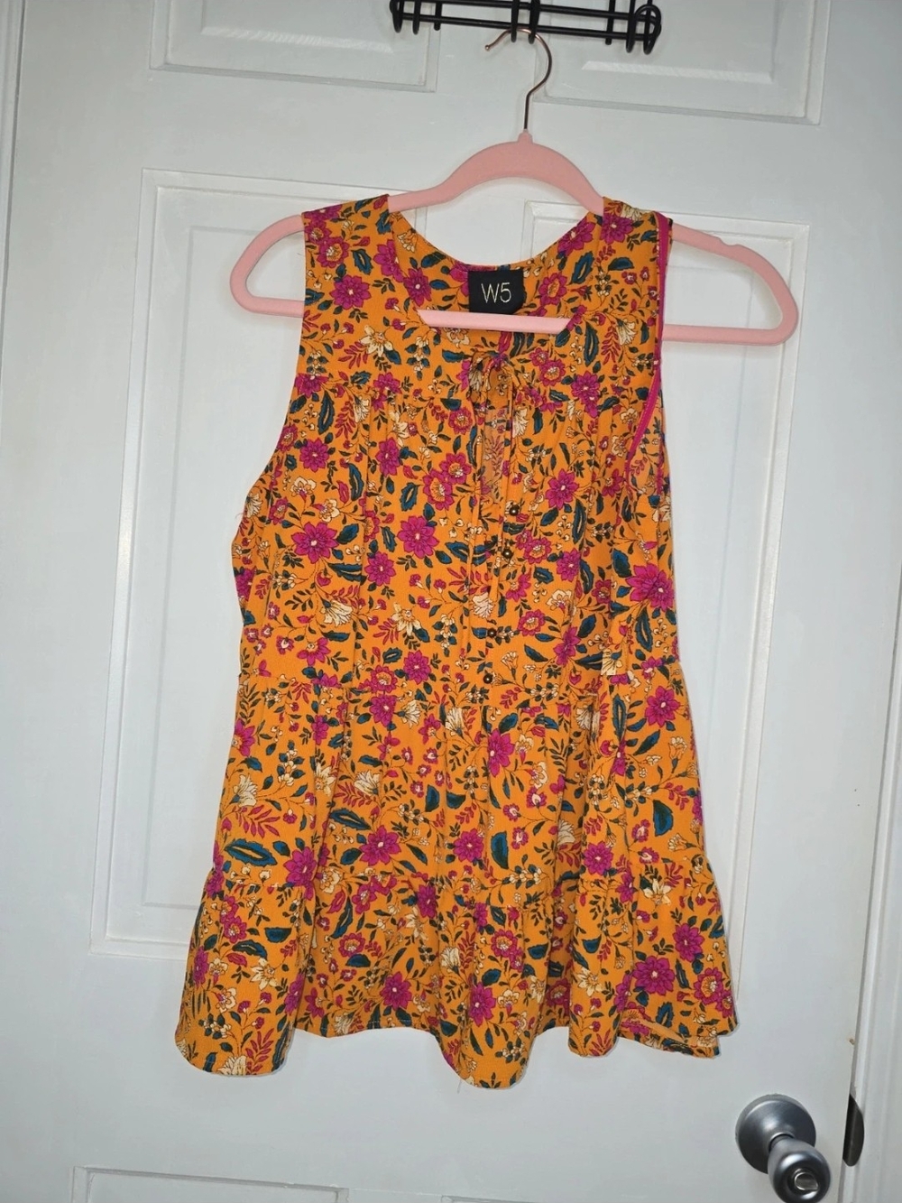 W5 Floral Mustard Scoop Neck Tank with Pink Accents